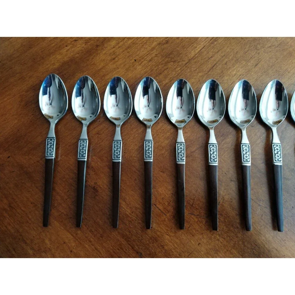 Lot 15x Teaspoons Ekco Eterna La Joya Stainless Faux Wood Flatwar MCM EKS14 6.4